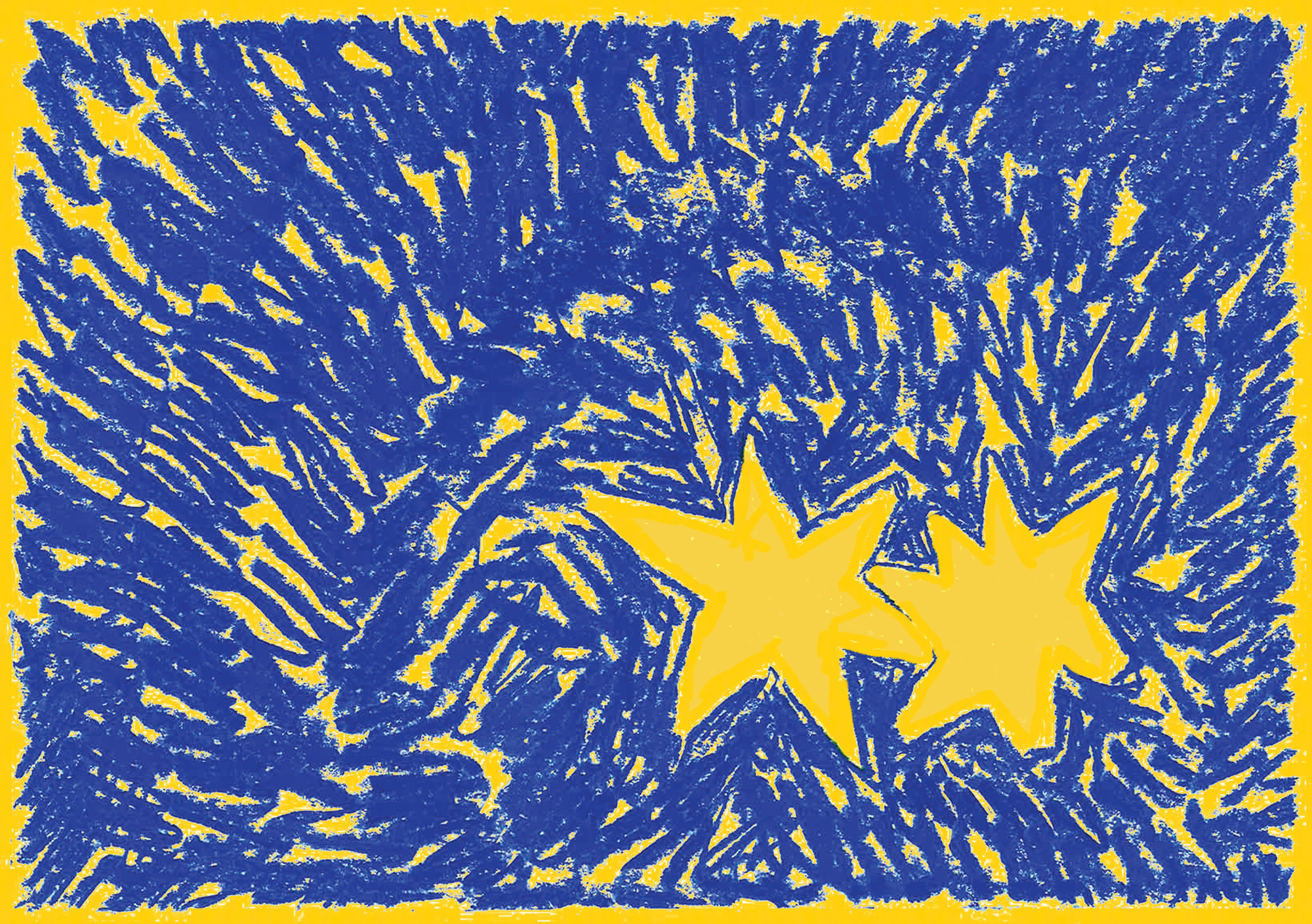 Hand-drawn illustration: blue crayon hatching with two yellow stars